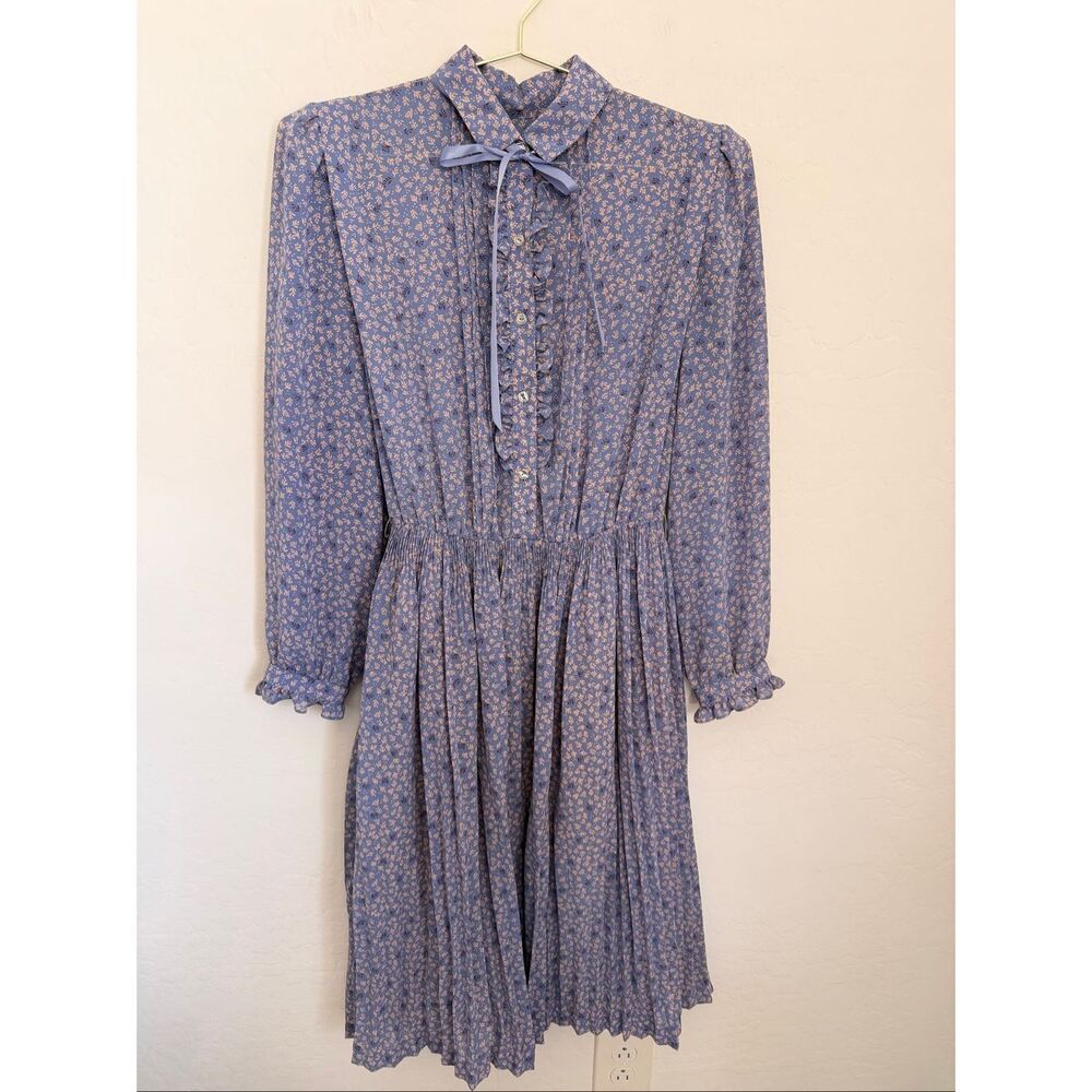 Vtg 70s 80s Prairie Midi Dress Pleated Sheer Floral Cottagecore Boho Ribbon Tie - Picture 1 of 9